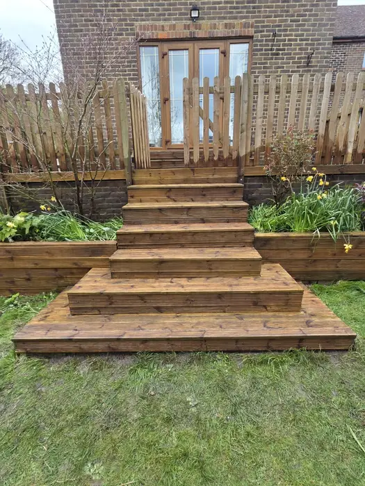 Rich brown timber decking steps after cleaning